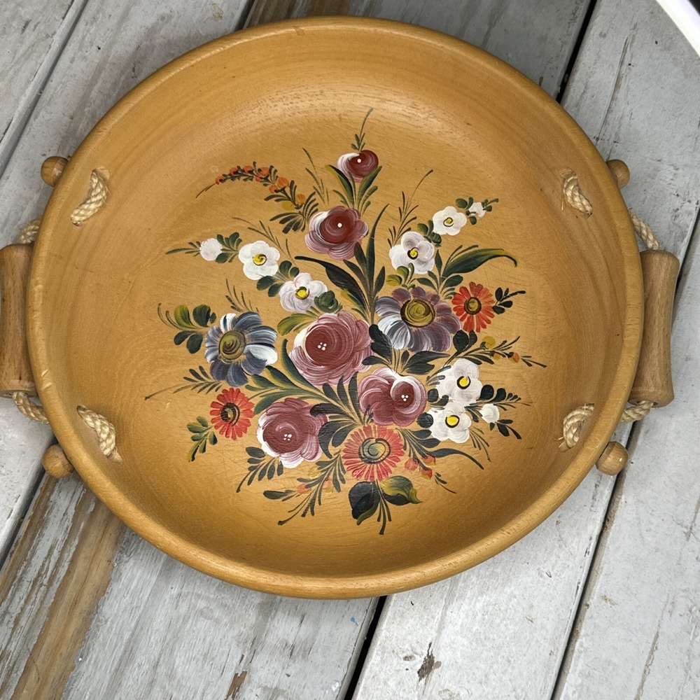 Vintage Hand painted Wooden Bowl/Tray Germany Wood/Rope Handles